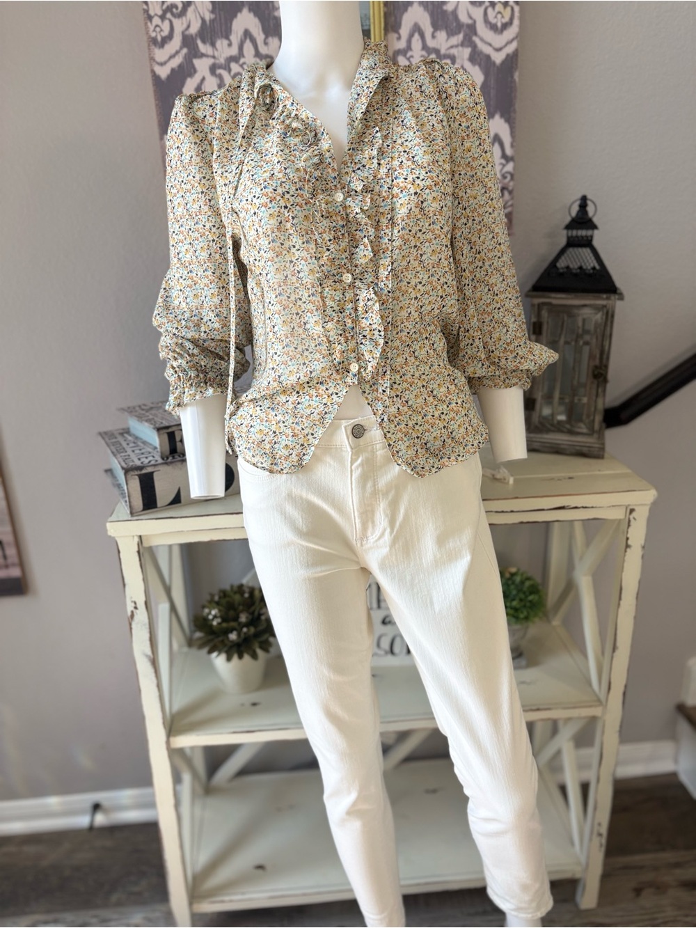 Chelsea & Violet Cream Floral Ruffle Button-Front Blouse